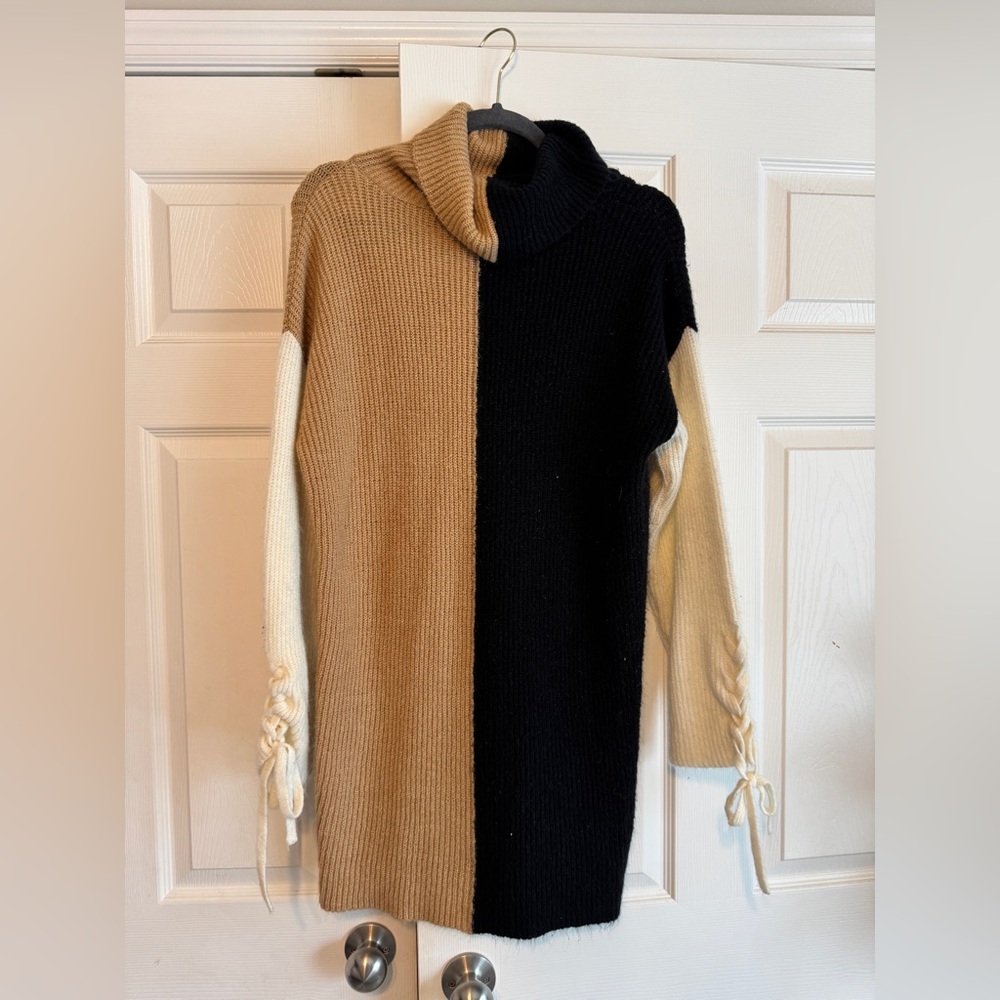 Blu Pepper Two-Tone Black and Camel Turtleneck Sweater Dress with Cream Sleeves